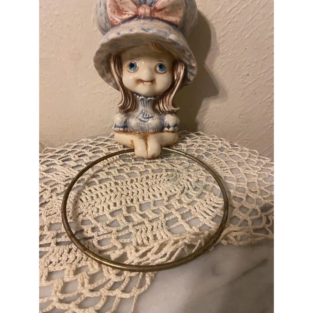Vintage 1960s UCTCI Japan Bisque "Ethel" Blue Bonnet Girl Towel Holder Ring MCM